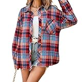 Lila Damen Hemdjacke Karierte Shacket Langarm Button-down Hemd Bluse Mantel...