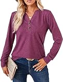 Langarmshirt für Damen Elegant T-Shirt Casual V-Ausschnitt Einfarbig...