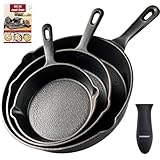 OVERMONT Grillpfanne Gusseisen mit Griff - Gusseisenpfanne 3 Stücke Set -...
