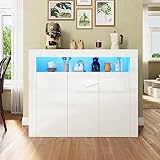 SUNXURY Kommode Weiß Hochglanz, Küchenschrank Sideboard mit LED 3 Türen...