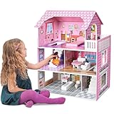 FIVMEN Puppenhaus 3 Etagen Holz Dollhouse Puppenhäuser mit Möbeln und...