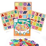 3 Stück Holzpuzzles für Kleinkinder, hölzerne Buchstaben-Zahlen-Form...