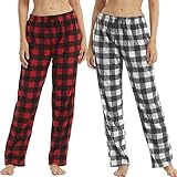 YUSHOW 2er Pack Schlafanzughose Damen Lang Fleece Karierte Pyjamahose...