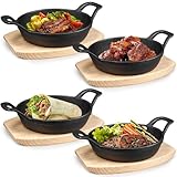 ASMIZ 4 Stück Kleine Gusseisenpfanne mit Holzuntersetzer, Gusseisen...