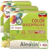 AlmaWin® Color Waschpulver [3x 1kg - 63 Ladungen] mit Lindenblüten-Duft...