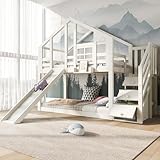 LATICO Kinderbett Etagenbett 90x200 cm für 2 Kinder, Hausbett Hochbett mit...