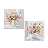 Set mit 2 natürlichen Leinwandbildern mit Vasen und Blumen in Weiß, Gelb...