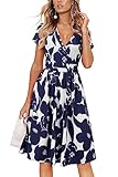 OUGES Damen Sommerkleid Kurzarm V-Ausschnitt Knielang Blumenmuster Midi...