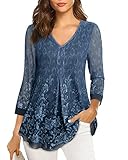 Gaharu Blau Elegant Festlich Tunika 3/4 Arm Shirt Damen V-Ausschnitt...