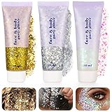 Xinstroe 3 Stück Body Glitter gel, Sequins Chunky Glitter Liquid Gel für...