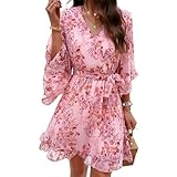 Damen Elegant V-Ausschnitt A-Linie Kleid Kurzarm Floral Wrap V-Ausschnitt...