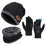 OOPOR Kinder Wintermütze Schal Touchscreen Handschuhe Set - Beanie...