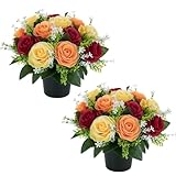 BLOSMON Künstliche Blumen für Grabtöpfe: 2 Stück rot-gelb-orangefarbene...