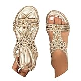 BIBOKAOKE Flache Sandalen Damen Große Größen Strass Bohemia T-Riemen...