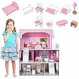 HENGMEI Puppenhaus Kinder Holz Puppenvilla 3 Etagen Barbie Haus Dollhouse...