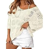 Damen Shirt Häkelstrick-Pullover-Top mit Spitzenpasse lässigem...