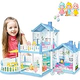 deAO Dollhouse, Puppenhaus Spielzeug-Set, Blau Villa doll house mit 3...