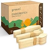 greenli® Einwegbesteck Set - 150 Holzgabeln, Holzmesser und Holzlöffel -...