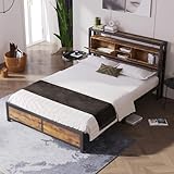 HYUB Metallbett Doppelbett 140 x 200cm mit Stauraum-Kopfteil, Bett mit...