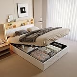 JYNVO Doppelbett 160x200 mit Stauraum, integrierte USB-Ladeanschlüsse und...