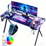 LZQ Gaming Tisch mit RGB LED 120x60 cm, Gaming Schreibtisch Ergonomischer...