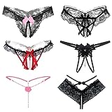 6er Pack Damen String Ouvert Mit Perlen Blume Loch Set, Schwarz Niedrige...