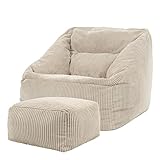 Icon Morgan Sitzsack Sessel mit Hocker für Erwachsene, Beige, Flauschiger...