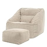 icon Riesen Sitzsack Sessel „Morgan“ mit Hocker, Beige, Cord XXL...