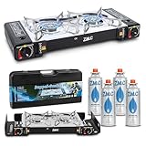 ZMC Camping Gaskocher 2-flammig inkl. Adapter für LPG Anschluss + 4...