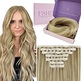 Fshine Clip in Extensions Echthaar, Aschblond Hervorgehobenes Goldblond...