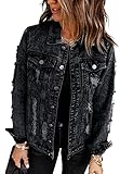 Necooer Schwarze Jeansjacke Damen Zerrissener Boyfriend Washed Denim Jean...