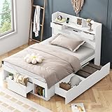 KEYIDE Holzbett Einzelbett 90x200, Stauraumbett mit USB-Port & Schubladen &...