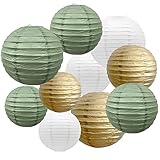 10 Stück Papier Laterne rund Lampenschirm Salbei grün weiß und Gold...