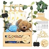 YOMKILU Babyparty Geschenk mit Holz, Babykorb mit 6 Holzkleiderbügel und...