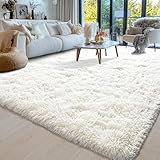 Hochflor Teppich Wohnzimmer 140x200cm, Creme Fuzzy Shaggy Flauschiger...