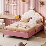 KeepGoon Polsterbett 90x200,Kronen-Kinderbett,Einzelbett,LED Bett für...
