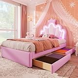 Merax Kinderbett 90x200 Polsterbett mit LED, Kronenförmiges...