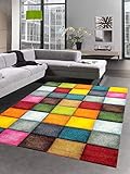 CARPETIA Teppich modern Teppich Wohnzimmer Karo bunt gelb rot blau grün...