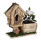 Relaxdays Holz Pflanzgefäß, mit Deko Vogelhaus, Rinde & Moos, eckiger...