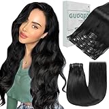 GUDOZO Clip in Extensions Echthaar 7pcs 35cm Natürliches Schwarz Invisible...