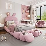 Polsterbett 90x200 cm, Kinderbett mit 2 Aufbewahrungshockern und...