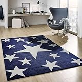 VIMODA Teppich Kurzflor Sterne Himmel Modern Blau Weiß Jugendzimmer für...