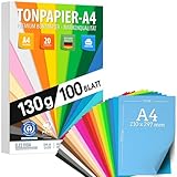 100 Blatt TONPAPIER - Buntes Papier DIN A4-130g/m² Set 20 Farben –...