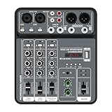 POOIQX 4 Kanal Mixer 48V Phantom Power USB Studio Sound Mischer Bluetooth...