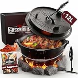 GUSSKÖNIG Dutch Oven Set [12L] - Eingebrannter Feuertopf mit praktischem...