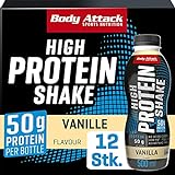Body Attack High Protein Shake, Vanilla 12 x 500ml, 50g Protein,...