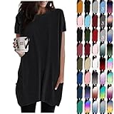 Damen Longshirt Kurzarm mit Tasche Oversized Tshirt Lang Longtops T-Shirt...