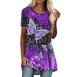 Long Shirt Damen Lang Kurzarm Longtops Damen Lässig Blusen Longbluse...
