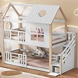 FEZTOY Kinderbett Etagenbett 90 x 200, Hausbett für 2 Kinder, Hochbett mit...