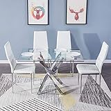 GOLDFAN Esstisch Set mit Glas Esstisch und 4 Weiß Esszimmerstühle und...
